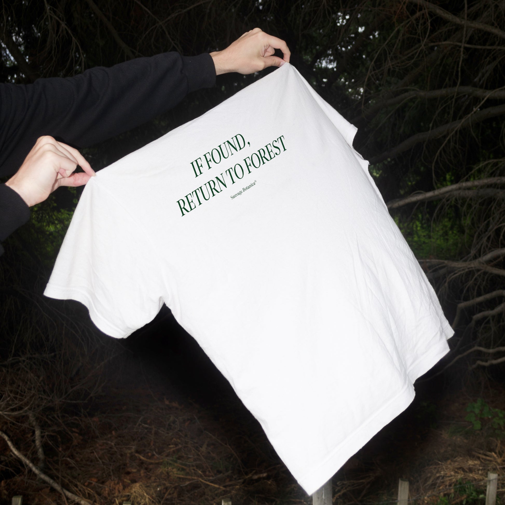 'IF FOUND, RETURN TO FOREST' SHIRT: WHITE