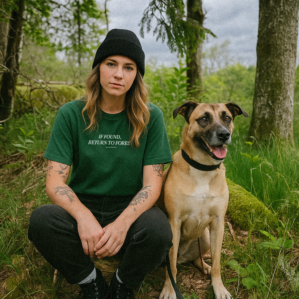 'IF FOUND, RETURN TO FOREST' SHIRT: GREENS