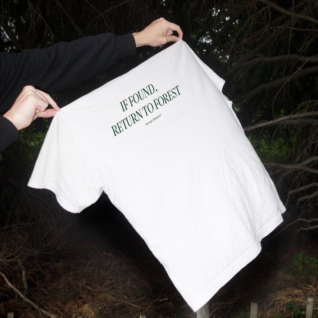 'IF FOUND, RETURN TO FOREST' SHIRT: WHITE