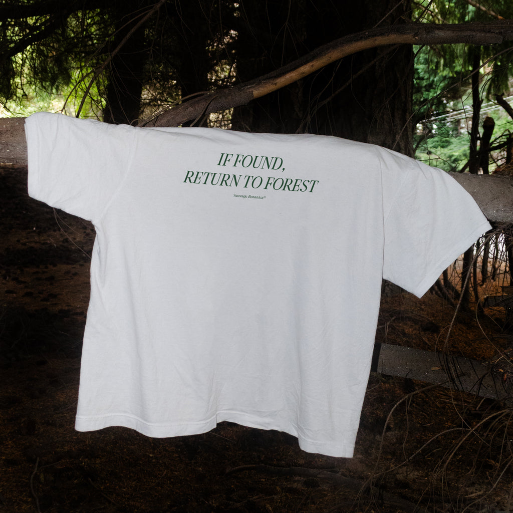 'IF FOUND, RETURN TO FOREST' SHIRT: WHITE