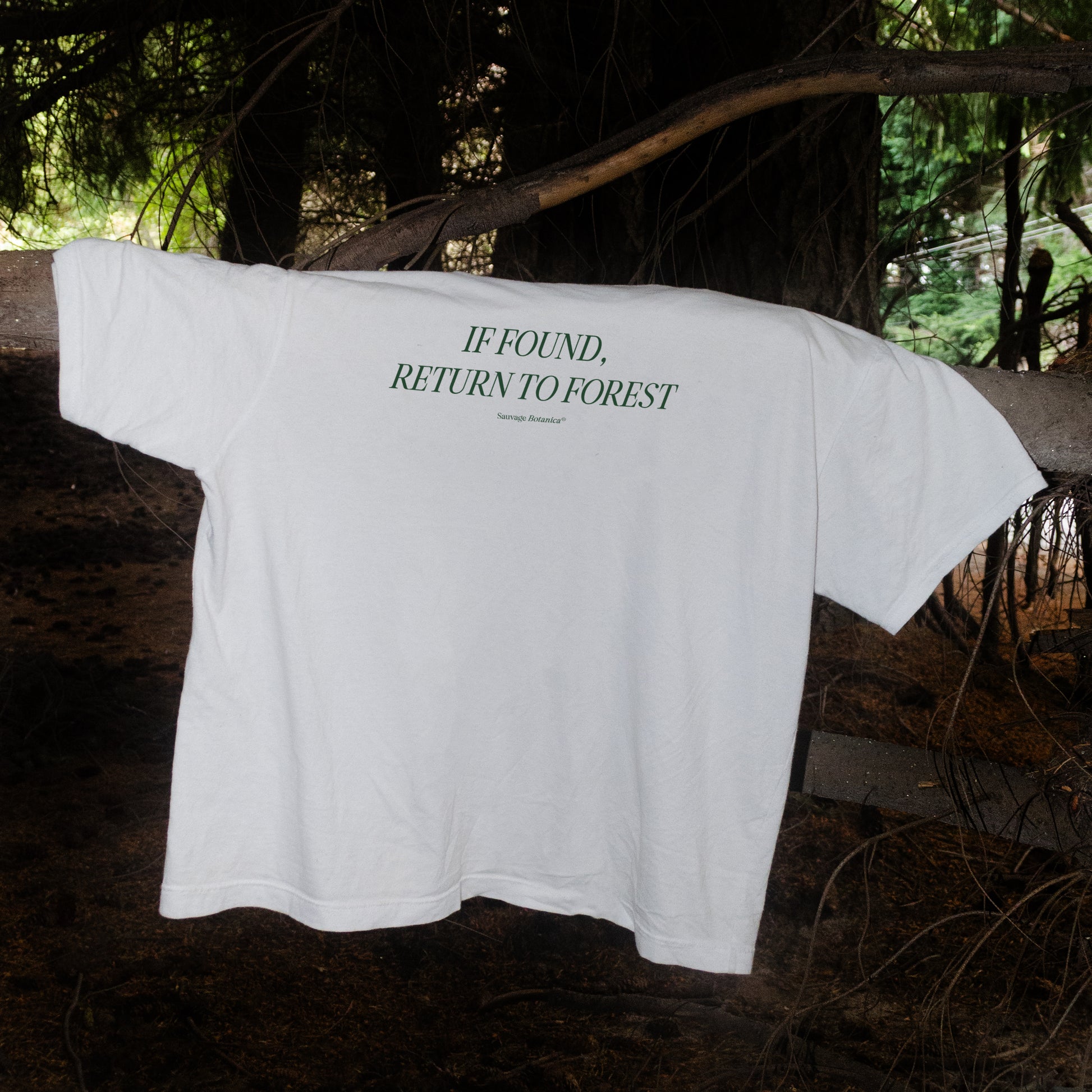 'IF FOUND, RETURN TO FOREST' SHIRT: WHITE